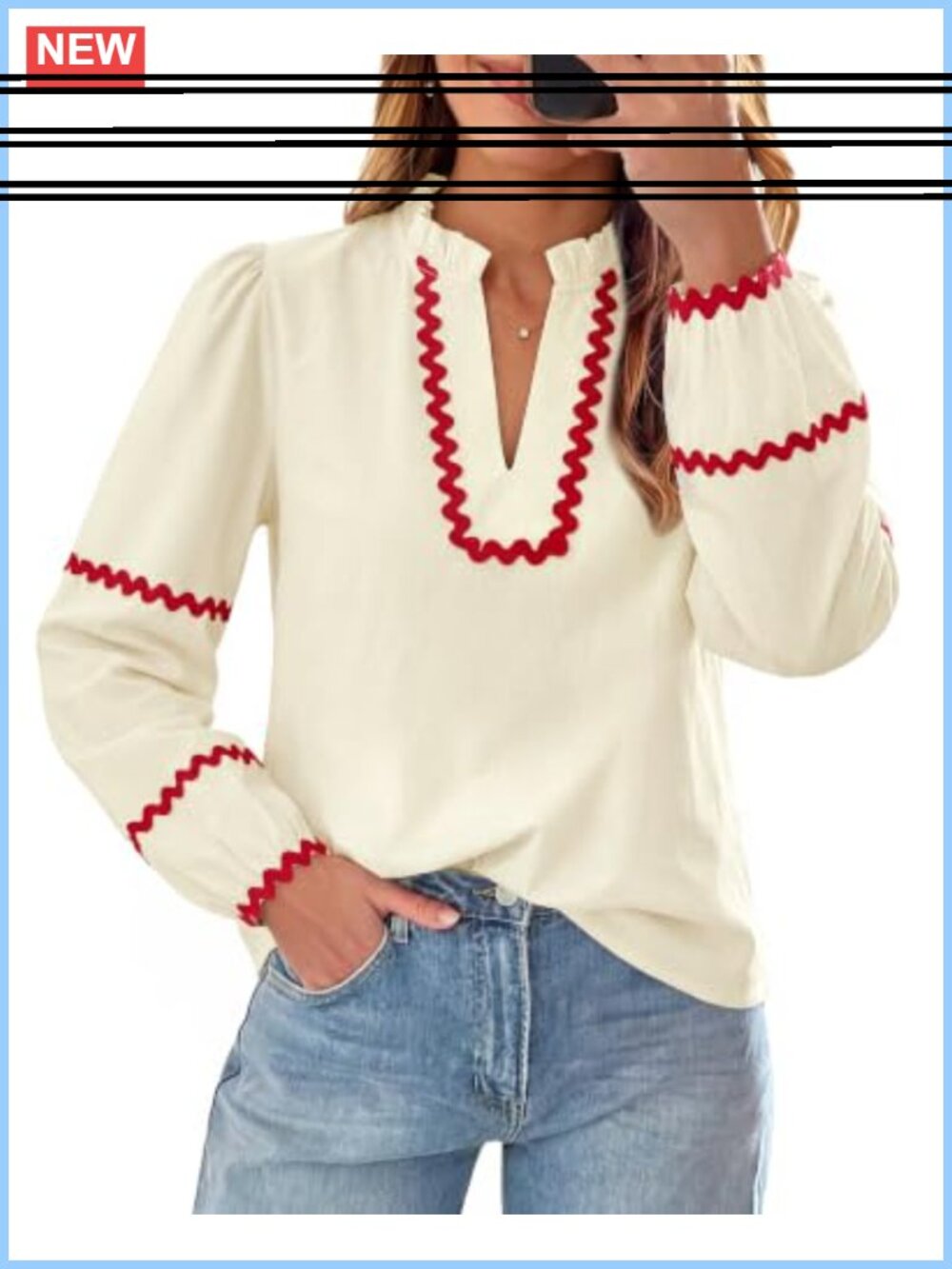 Puff Long Sleeve Blouse 100% Cotton Dressy Casual V-Neck Women's Top